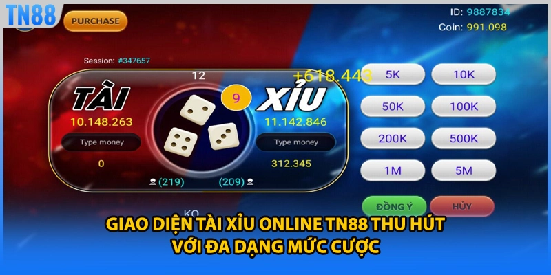 Giao diện tài xỉu online TN88 thu hút với đa dạng mức cược